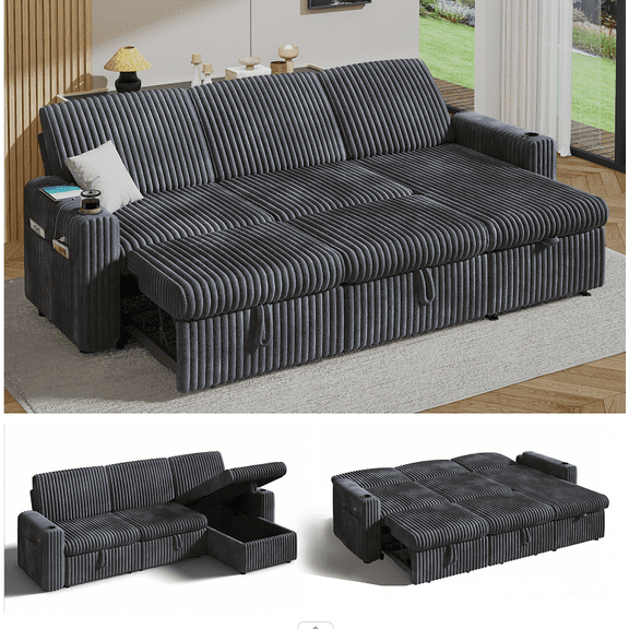 101” Detachable Mattress Sleeper Sofa with Pull-Out Mattress - L-Shaped Design, Adjustable Backrest + Reversible Storage Chaise, USB Ports/Cup Holders, Quick Assembly, Soft Gray Corduroy