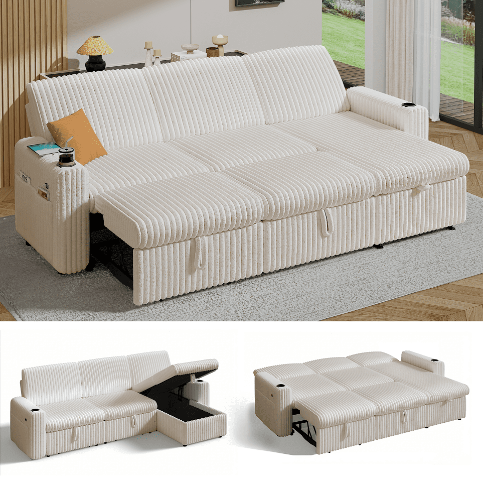 101” Detachable Mattress Sleeper Sofa with Pull-Out Mattress - L-Shaped Design, Adjustable Backrest + Reversible Storage Chaise, USB Ports/Cup Holders, Quick Assembly, Soft Beige Corduroy