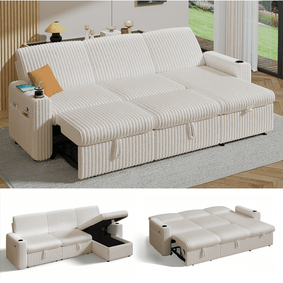 101” Detachable Mattress Sleeper Sofa with Pull-Out Mattress - L-Shaped Design, Adjustable Backrest + Reversible Storage Chaise, USB Ports/Cup Holders, Quick Assembly, Soft Beige Corduroy