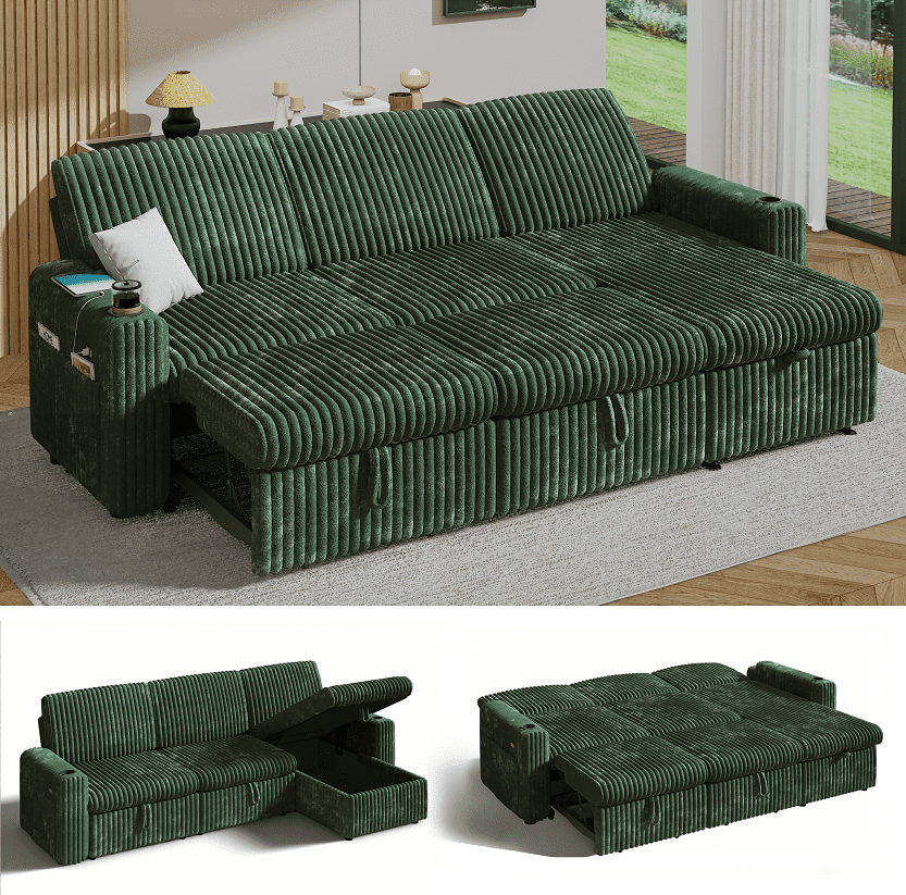 101” Detachable Mattress Sleeper Sofa with Pull-Out Mattress - L-Shaped Design, Adjustable Backrest + Reversible Storage Chaise, USB Ports/Cup Holders, Quick Assembly, Soft Green Corduroy