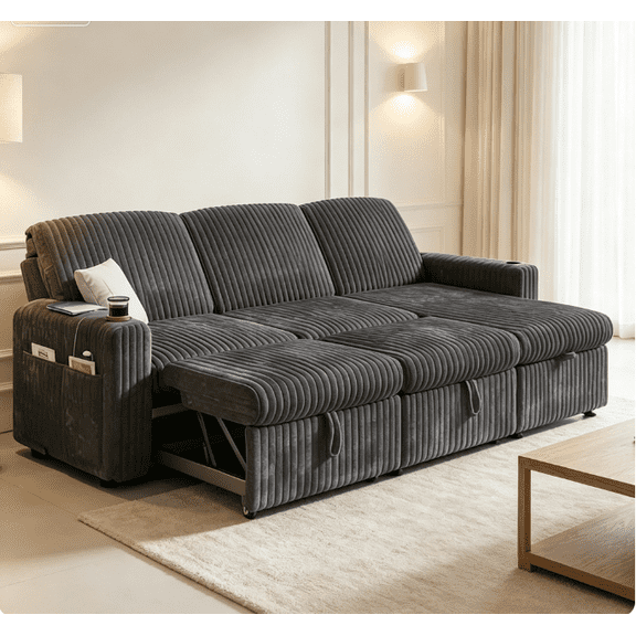 101” Detachable Mattress Sleeper Sofa with Pull-Out Mattress - L-Shaped Design, Adjustable Backrest + Reversible Storage Chaise, USB Ports/Cup Holders, Quick Assembly, Soft Gray Corduroy