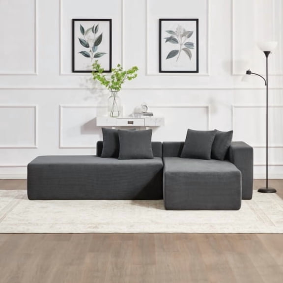 101-Inch L-Shaped Modular Sofa, Deep Seat Sectional Lounger Bed, No Assembly Required Corduroy Couch for Living Room, Bedroom, Apartment, Dark Grey