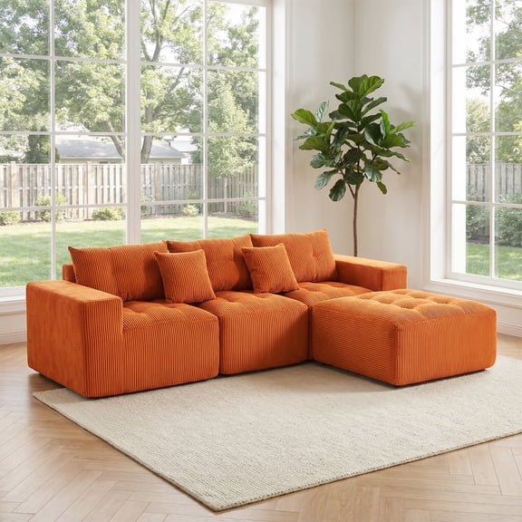 101" L-Shaped Modular Compression Sofa, 3-Seater Comfortable Cloud Sofa, Corduroy Fabric, with Movable Footrest, Free DIY Combination, Suitable for Living Room, Bedroom, Apartment (Orange)