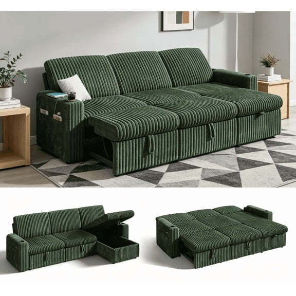 101" L-Shaped Sleeper Sofa with Detachable Pull-Out Mattress, Adjustable Backrest & Reversible Storage Chaise, USB Ports, Cup Holders, Soft Corduroy Couch, Quick Assembly, Green