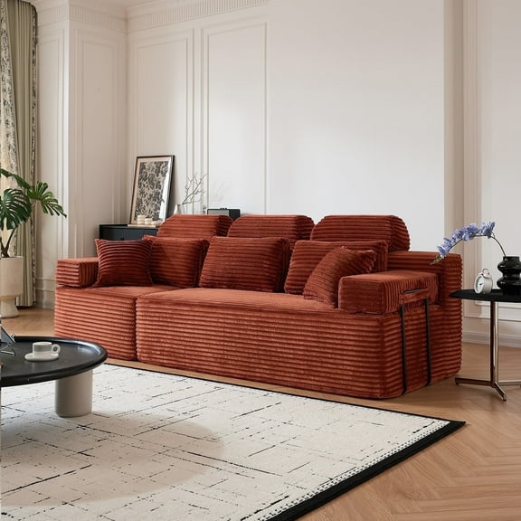 101" Modern Corduroy 3-Seater Sofa for Living Room, Boneless Couch in a Box, Deep Seat Design, No Assembly Needed, Orange