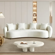 101  Modern Mid-Century Curved Sofa, 3 Seater Couch Beige Boucle Teddy Fleece Irregular Special-Shaped Couch with 4 Throw Pillows Upholstered 3 Seater Sofa for Livingroom Bedroom Office, Beige