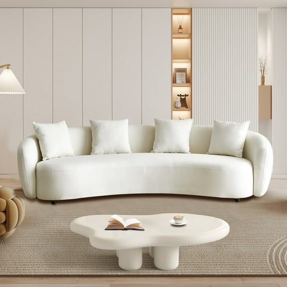 101 Modern Mid-Century Curved Sofa, 3 Seater Couch Beige Boucle Teddy Fleece Irregular Special-Shaped Couch with 4 Throw Pillows Upholstered 3 Seater Sofa for Livingroom Bedroom Office, Beige