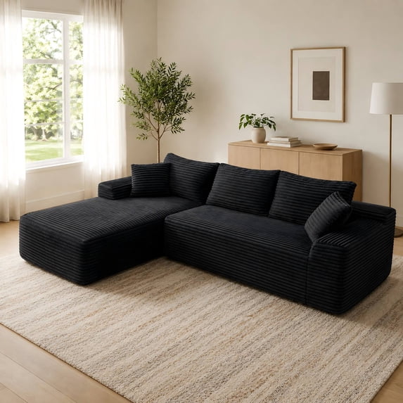 CAPCAEK 105" L-Shaped Modular Sectional Sofa with Chaise, Deep Seat Corduroy Couch with Throw Pillows for Living Room, No Assembly Required, Black