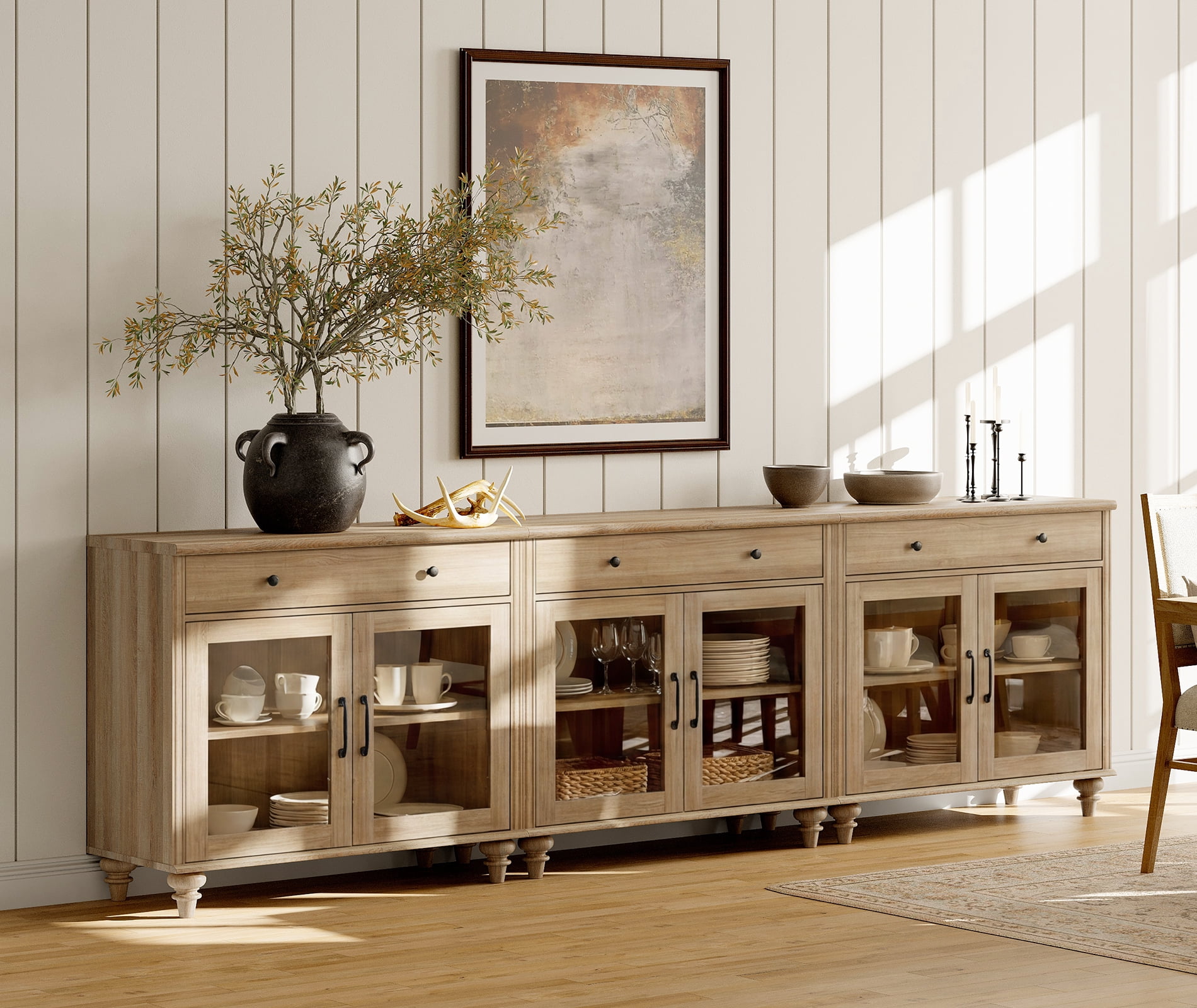 101" Oak Glass Door Buffet Cabinet with Drawer, Farmhouse Sideboard with Storage