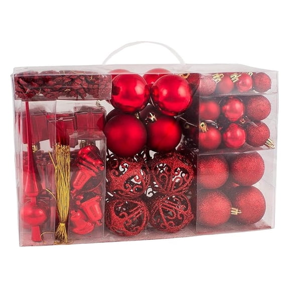 101 Pack Assorted Christmas Ornaments - Shatterproof - with Green Pickle and Tree Topper - Designed in Germany - Red