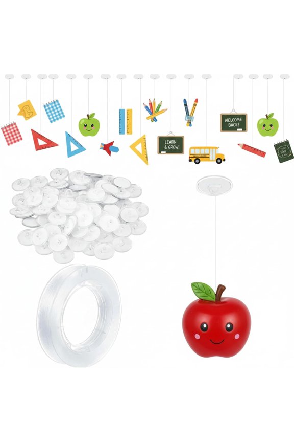 101 Pack Self Adhesive Wall Hook Sticky Ceiling Hooks Small Disc Sticker Hanger 1 Roll of 200 M Clear Nylon Invisible Thread String for Festival Wedding Back to School Decor Balloon Display