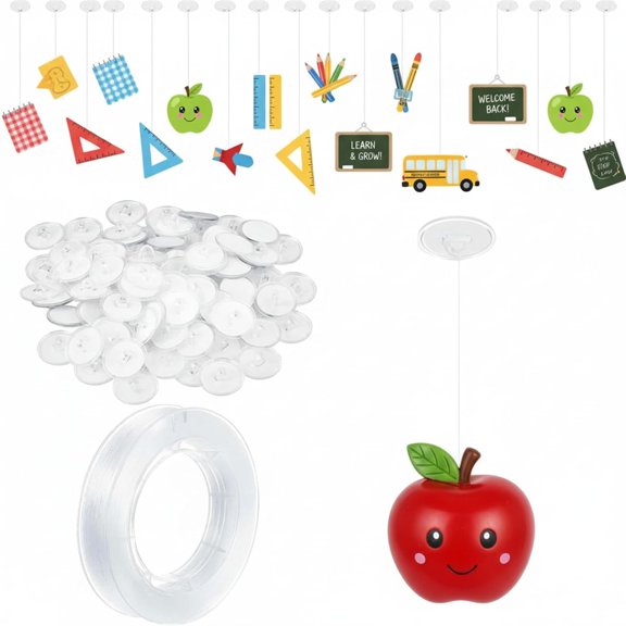 101 Pack Self Adhesive Wall Hook Sticky Ceiling Hooks Small Disc Sticker Hanger 1 Roll of 200 M Clear Nylon Invisible Thread String for Festival Wedding Back to School Decor Balloon Display