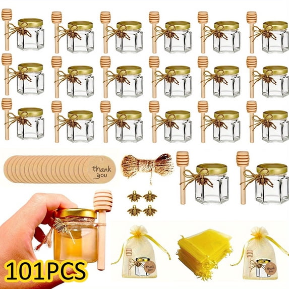 101 Pcs 1.5oz Hexagonal Glass Honey Jar Set with Golden Lids Bee Charms Wooden Dippers Thank-You Tags for Wedding Favors Baby Shower Guest Gifts