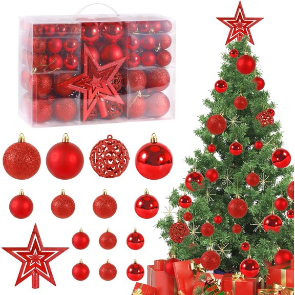 101 Pcs Christmas Balls Ornaments Set with Tree Topper Decoration, Boriyuan 3/4/6 cm Diameter Balls Christmas Tree Decorative Hanging Ornaments for Xmas Holiday Party Wreath Home Decoration, Red