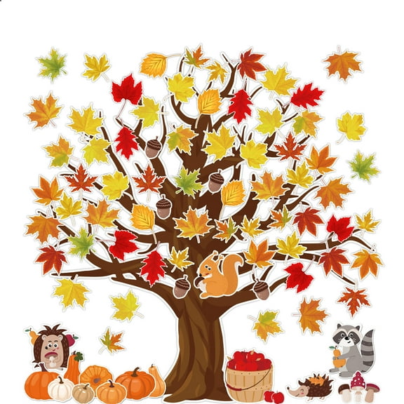101 Pcs Fall Tree Cutouts Maple Leaves Tree Bulletin Board Decoration with Autumn Pumpkin Squirrel Cutouts Fall Seasonal Tree with 120 Pcs Glue Points for School Home Chalkboard Wall Decor