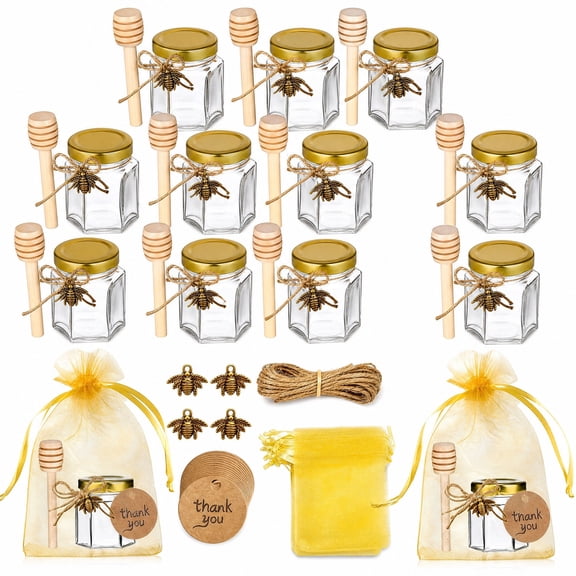101 Pcs Mini Honey Jar Favor Set, 1.5oz Hexagon Glass Jars with Lids Dippers Bee Charms Tags and Gift Bags, Bulk Wedding Party Favor Containers for Guests DIY Gift Packaging & Baby Shower