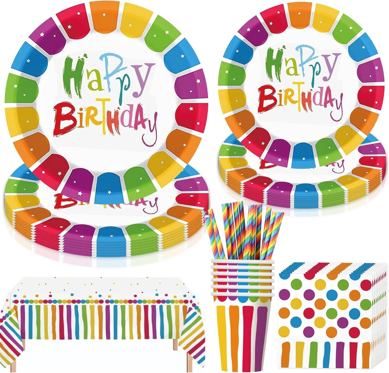 101 Pcs Rainbow Birthday Party Tableware, Boriyuan Colorful Birthday Party Supplies Set with Paper Plates Cups Straws Napkins Tablecloth for Birthday Decoration (20 Guests)