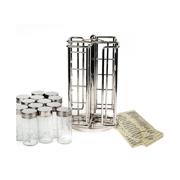 101-Piece Revolving Spice Rack with 16 Jars & 84 Labels 5.75" x 10.5" Chrome Wire