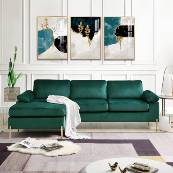 101" Plush Velvet Modular Sectional Sofa, Modern Boneless Compressed Floor Sofa with Mid-Century Style, Deep Seat Chaise Lounge with L-Shaped Design for Living Rooms, Green