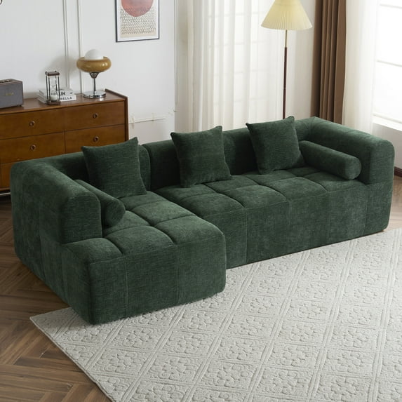 101" Sectional Cloud Couch for Living Room, Boneless L Shaped Sofa with 26.4" Deep Seat, Side Pockets and Curved Armrests, No Assembly Required, Green