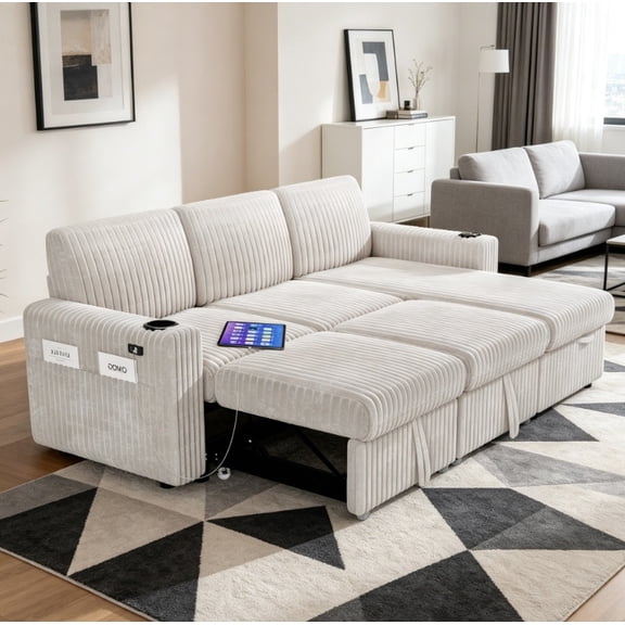 101" Sectional Sleeper Sofa Bed, Pull-Out Bed, Reclining Backrest, Reversible Storage Chaise, USB Ports & Cup Holders