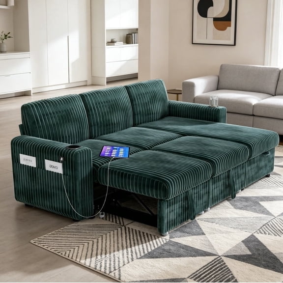 101" Sectional Sleeper Sofa Bed, Pull-Out Bed, Reclining Backrest, Reversible Storage Chaise, USB Ports & Cup Holders