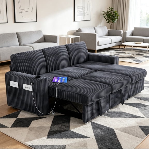 101" Sectional Sleeper Sofa Bed, Pull-Out Bed, Reclining Backrest, Reversible Storage Chaise, USB Ports & Cup Holders