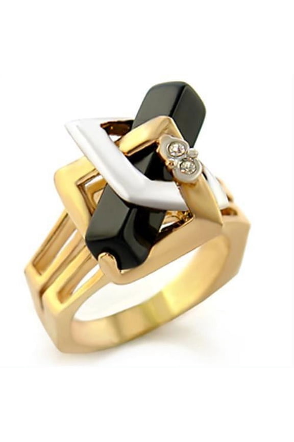 10108 - Gold+Rhodium Brass Ring with Semi-Precious Onyx in Jet