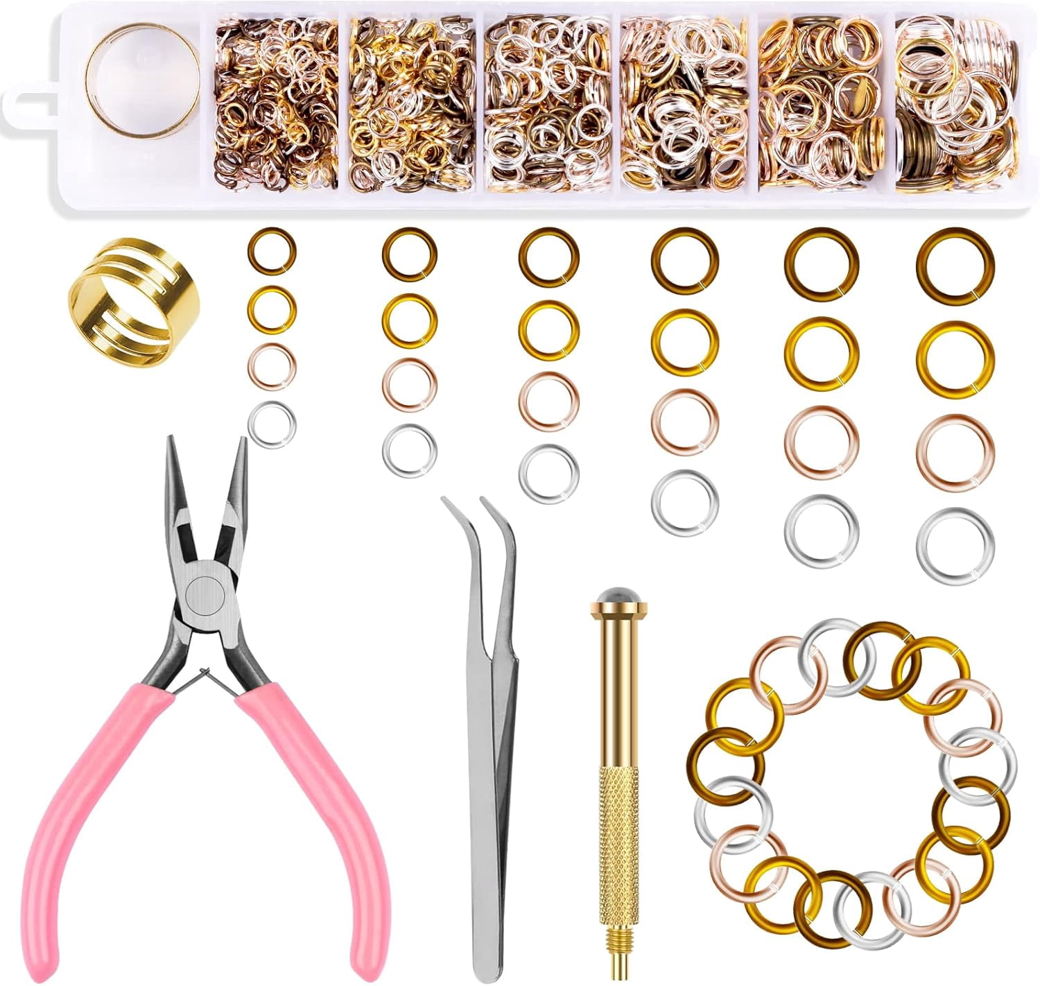 1014 Pcs Nail Art Dangle Charms Piercing Tool Hand Drill, 6 Sizes 4 Colors Open Jump Rings for Jewelry Making with Jump Ring Opener, Nail Charms Nail Jewelry Rings with Pliers and Tweezers ['ancient