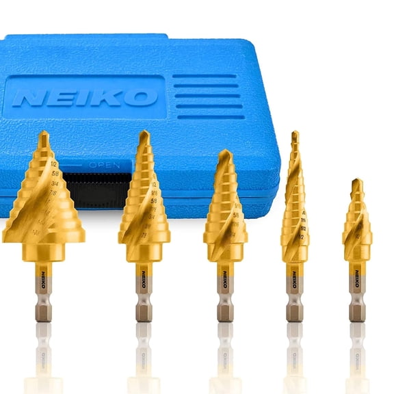 10173A Step Drill Bit Set for Metal and Wood, 5 Piece SAE, Spiral Grooved for Faster Drilling, Step Bits with 50 Total Step Sizes, Titanium Coated Unibits
