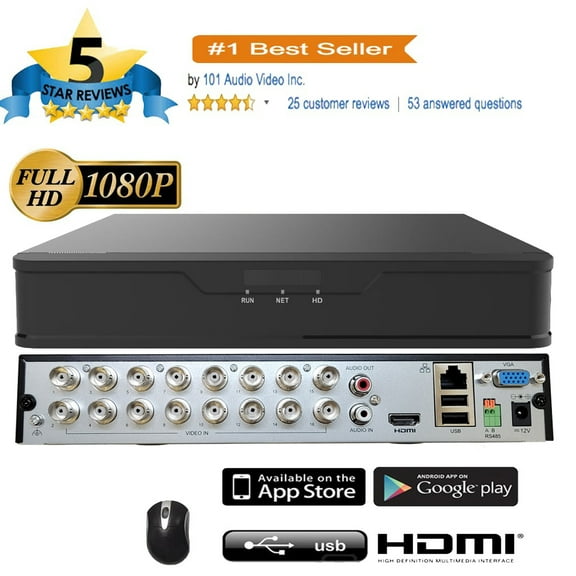 101AV 16 Channels DVR 6TB Hard Drive 4MP/1080P H.265/H.264 Network Video Recorder, No Built-in PoE Ports, HDMI/VGA, Mobile APPs for Home/Office IP Cameras