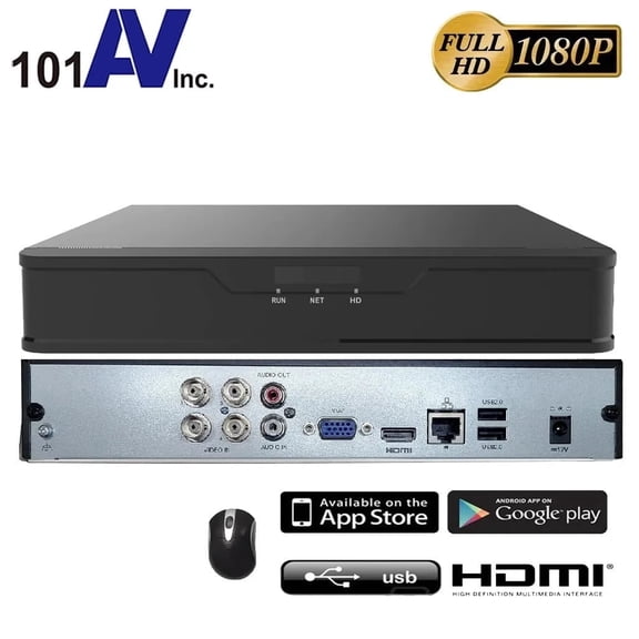 101AV 4CH Security System Hybrid HD H.265+/H.264 5in1 DVR, HD-TVI/CVI/AHD/IP, No HDD, 1080P HDMI/VGA Video Out, Phone APPs for Home & Office, Work w/ 5MP Lite Analog & 4MP IP Camera