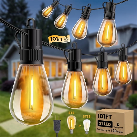 101FT Outdoor String LED Patio Lights Waterproof, Shatterproof S14 Vintage Edison Bulbs, Commercial Grade Outside Hanging Lights for Porch Deck Garden Backyard Balcony Cafe Bistro