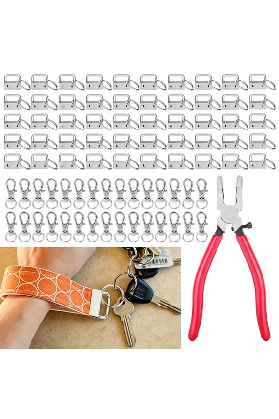 101PCS Key Fob Hardware Set, 50PCS 1 Inch Lanyard Keychain Hardware with 50PCS Keychain Hook Clip, Key Fob Pliers Tool for Wristlet Keychain and Lanyard Making Supplies
