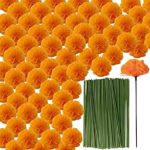101PCS Marigold Flower Heads Bulk, Silk Marigold with Stems Artificial Flowers for Diwali Home Decor Day of The Dead Wreath Garland