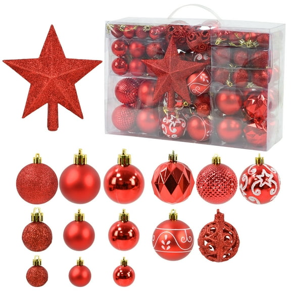 101Pcs Christmas Ball Ornaments Set with Round Decorations,Tree Top Star,Shatterproof Seasonal Hanging Decorations with Reusable Hand-held Gift Package for Xmas Tree Holiday Party and Home Decor(Red)
