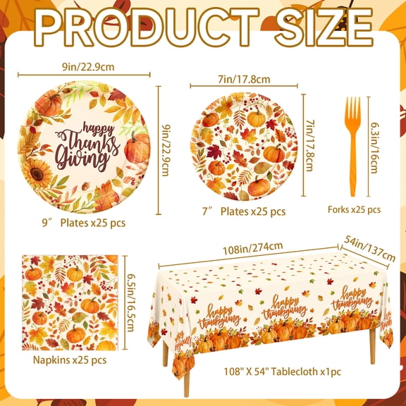 101Pcs Thanksgiving Pumpkin Tableware Set, Fall Disposable Paper Plates, Napkins, Forks and Tablecloth, Autumn Dinnerware Kit for Harvest Festival Thanksgiving Party Decor, Serves 25