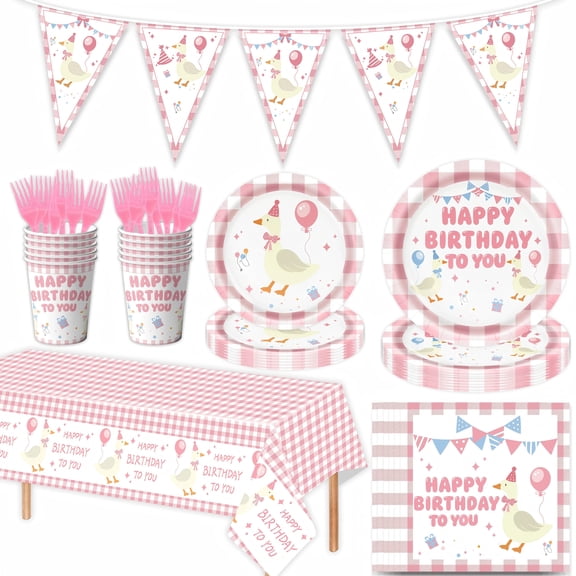 101pcs Pink One Silly Goose Birthday Party Tableware Set Silly Goose Party Supplies for 10 Guests Tableware Includes Plates Napkins Cups Banner Gingham Tablecloth and more