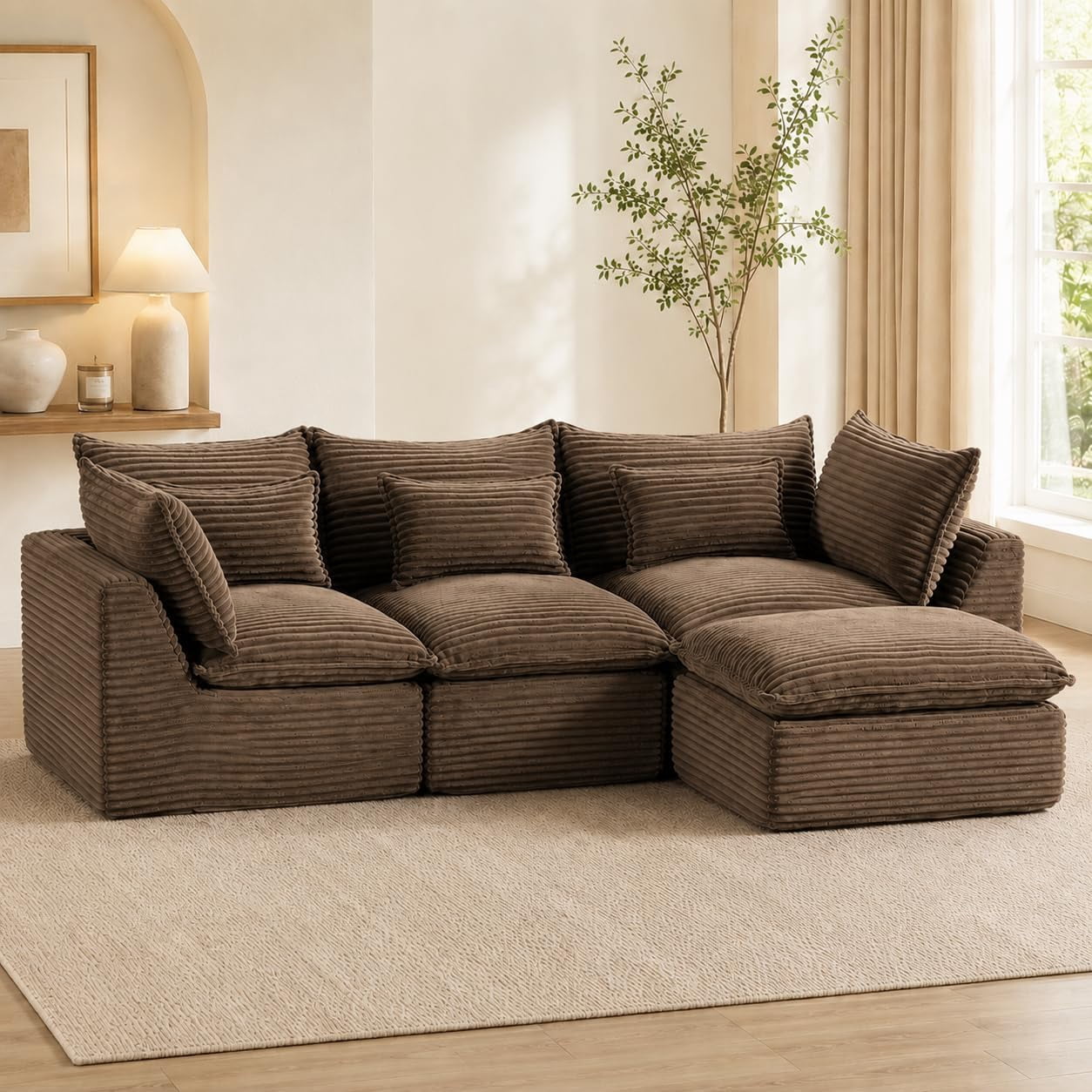 102.3" Cloud Sectional Sofa with Ottoman,Boneless Couch for Living Room, Deep Seat Modular Foam Sofa, Anti-Sagging 3-Seater Set,Brown