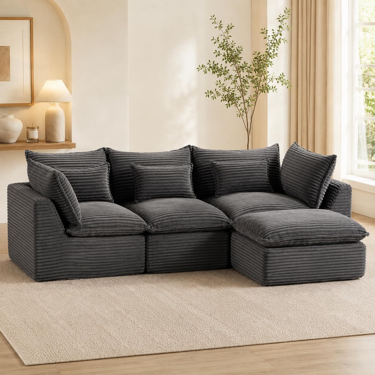 102.3" Cloud Sectional Sofa with Ottoman,Boneless Couch for Living Room, Deep Seat Modular Foam Sofa, Anti-Sagging 3-Seater Set,Dark Gray