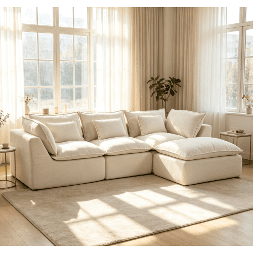 102.3" Cloud Sectional Sofa with Ottoman, Waffle Knit Boneless Couch for Living Room, Deep Seat Modular Foam Sofa, Anti-Sagging 3-Seater Set,White