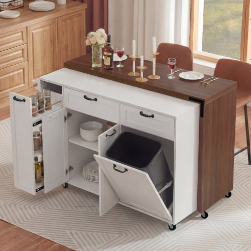 102.3" Extendable Kitchen Island with Dining Table, Rolling Island Cart with Trash Cabinet & 3-Tier Spice Rack, Mobile Island on Wheels for Kitchen Dining Room, White