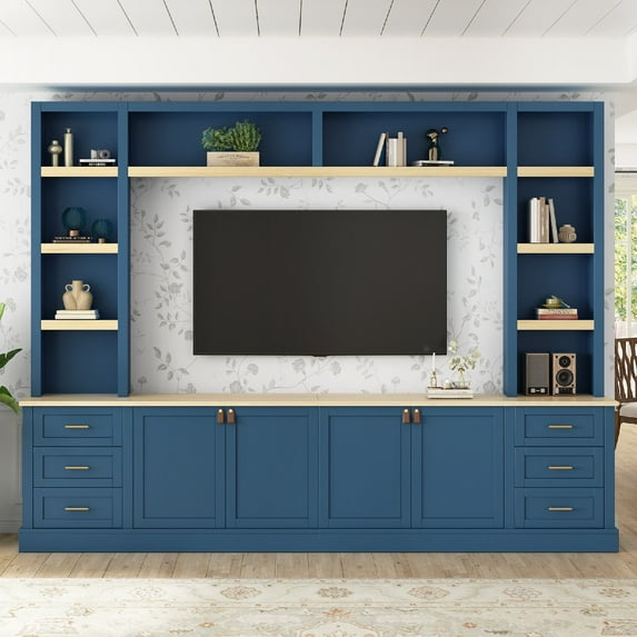 102.3"W Farmhouse 4-Piece Entertainment Center Wall Unit with Bookshelves, Modern Large TV Stand with 6 Drawers for TVs Up to 75", Rustic Media Console with Adjustable Shelves for Living Room, Blue