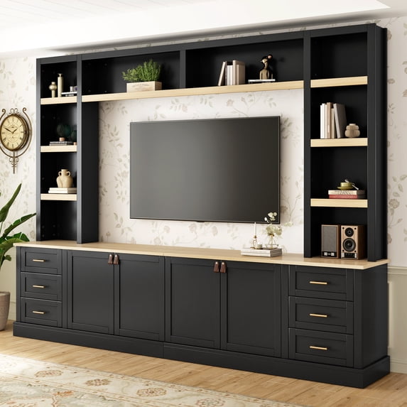 102.3"W Farmhouse Entertainment Center Wall Unit with Adjustable Shelf, Modern Large TV Stand with Bookshelves for TVs Up to 75", Rustic Media Console with 6 Drawers for Living Room, Black