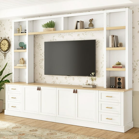 102.3"W Farmhouse Entertainment Center Wall Unit with Adjustable Shelf, Modern Large TV Stand with Bookshelves for TVs Up to 75", Rustic Media Console with 6 Drawers for Living Room, White