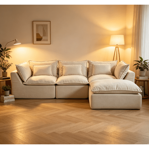 102.3" Width Cloud Sofa Couch with Ottoman , 3 Seat Modern Large Sectional Oversized Modular  Sofa Sofa Couch with Deep Seat Design and Wide Upholstered  for Living Room or Apartment, Antique White