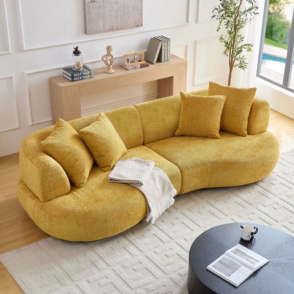 102.36 inch Mid Century Modern Sectional Curved Sofa Couch, Comfy Sofa for Living Room,Upholstered 4-Seat Sofa Boucle Fabric Cream Style Couch for Apartment,Yellow