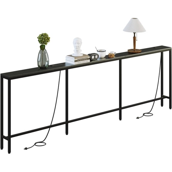 102.4" Behind Couch Table with 2 Stations, 7.1" Narrow Skinny Sofa Table with 4 Power Outlets, 4 USB-A, 2 USB-C for Console Entryway, Black
