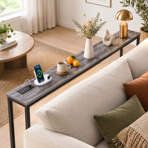 102.4 Inch Behind Couch Table With 2 Power Outlets Andb-c Ports Extra Long Narrow Sofa For Sectional Skinny Console Anti-bump Pad
