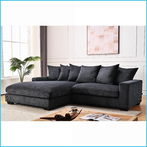 102.4-Inch Left-Facing L-Shaped Sectional Sofa with Chaise  Comfy Modern Corduroy for Living Room | Black | Corduroy | Square Arms